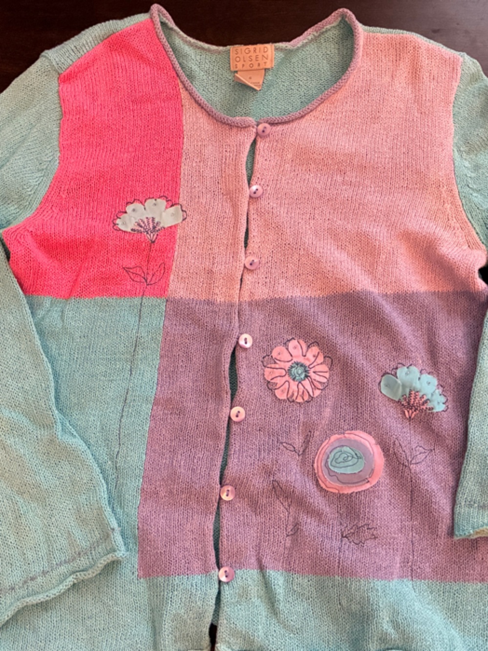 Sigrid Olsen Colorblock Floral Cardigan Pink, Purple Turquoise appliqués, beads